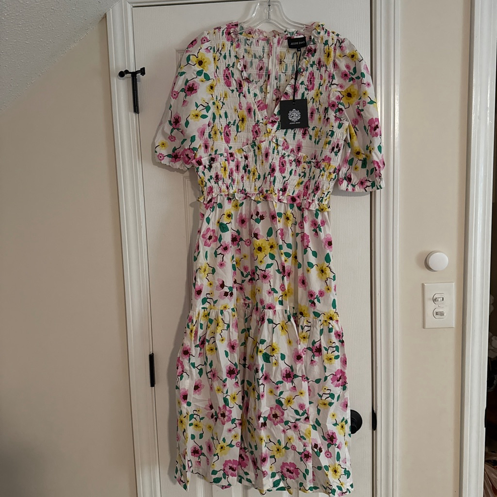 Women's JESSIE ZHAO Oliana Floral Smocked Midi Dress Size 4 White Pink